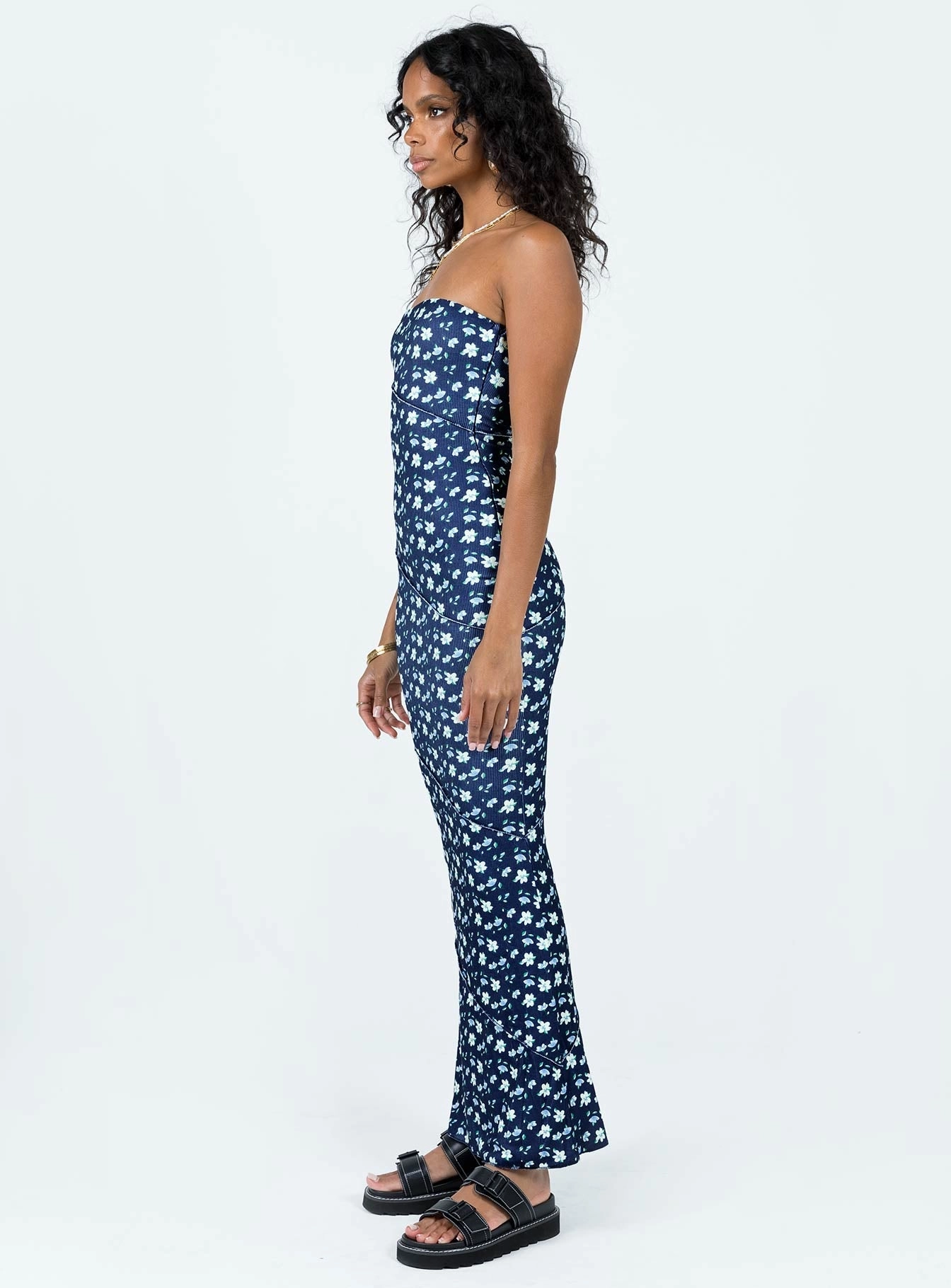 Striped-Pattern Oscar Midi Dress Navy Floral