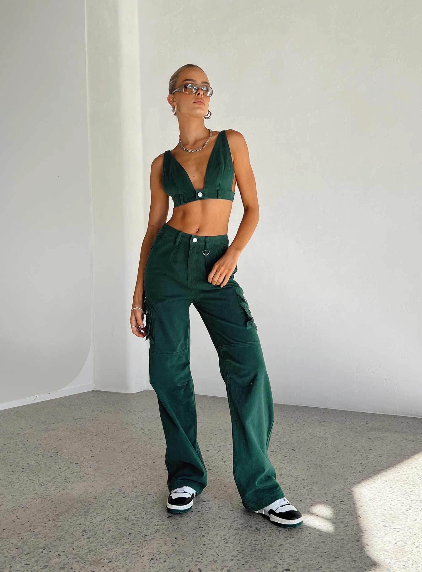 fade resistant color Basic Piece Paige Mid Rise Cargo Jean Denim Green