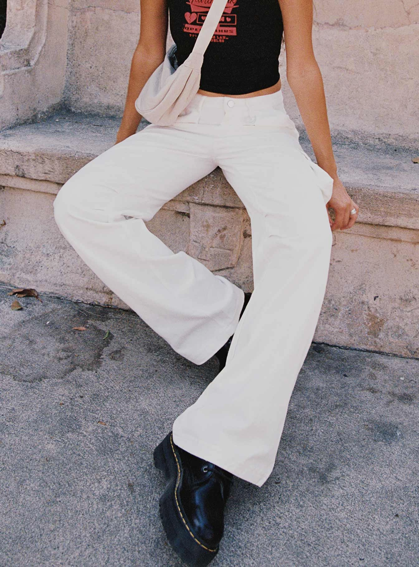 Paige Mid Rise Cargo Jean White Effortless Layer City Walk Smart Casual