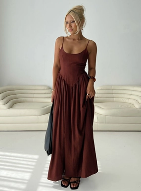 Palisades Tie Up Maxi Dress Brown Removable-Straps Flow Ready