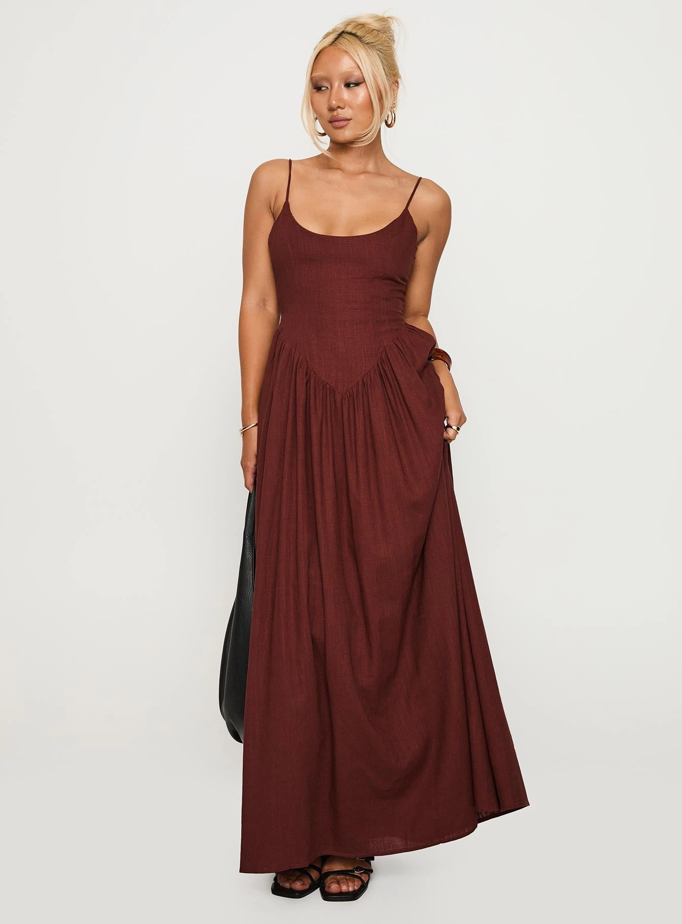 Buckle-Detail Lace-Edge Palisades Tie Up Maxi Dress Brown