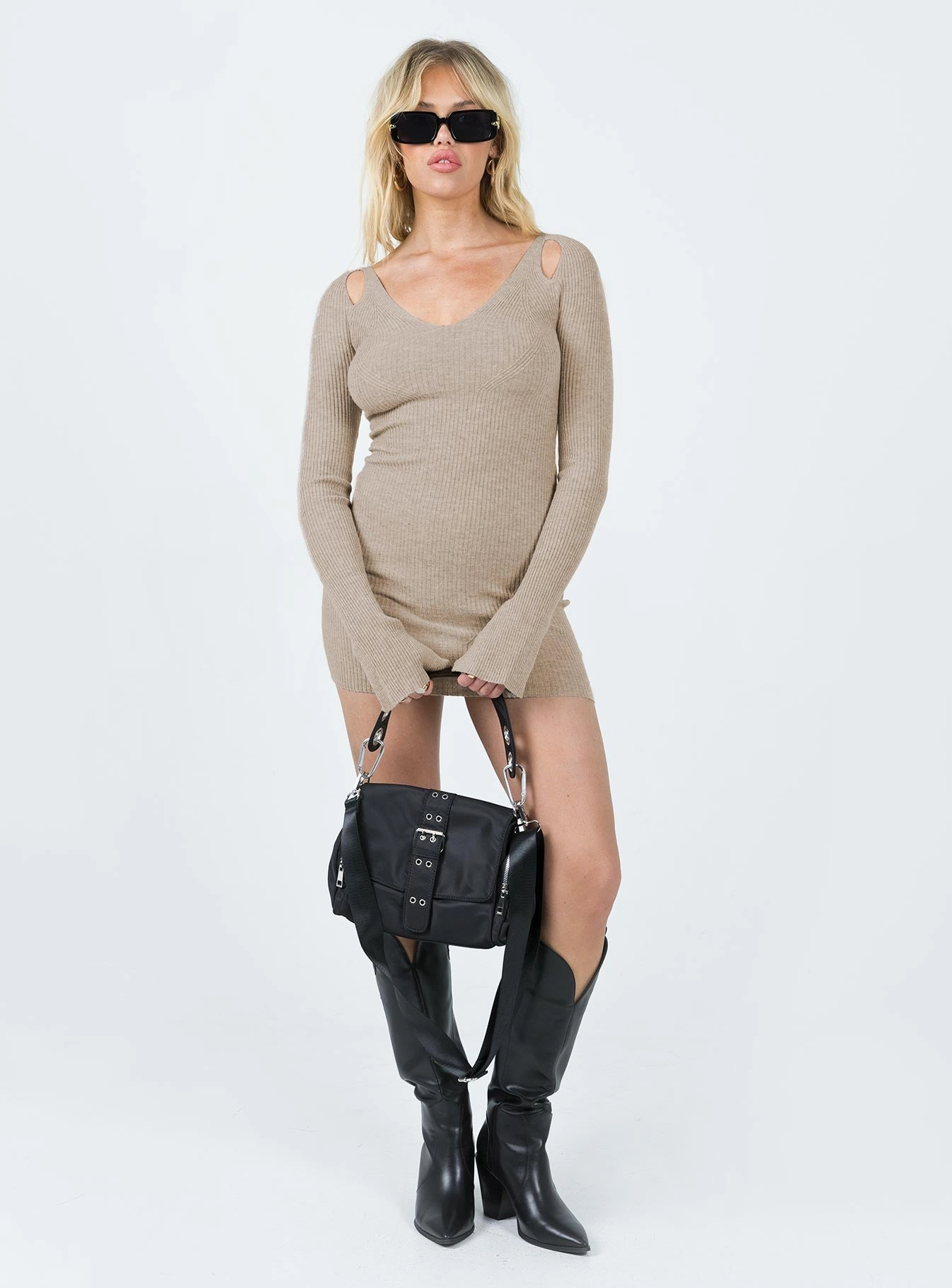 Flattering Shape Design Palmer Long Sleeve Mini Dress Beige