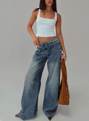 Paltrow Mid Rise Wide Leg Cargo Jeans Mid Blue Wash Petite Night Out City Walk Minimalist