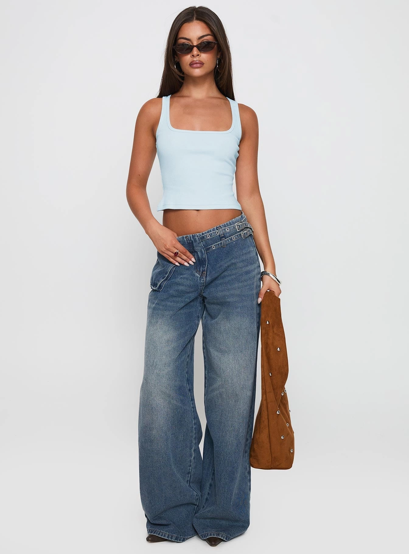 Style Basic Paltrow Mid Rise Wide Leg Cargo Jeans Mid Blue Wash Petite