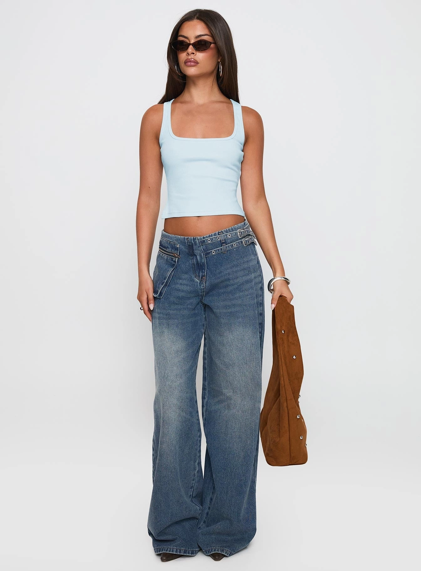 Paltrow Mid Rise Wide Leg Cargo Jeans Mid Blue Wash Petite Active Outfit