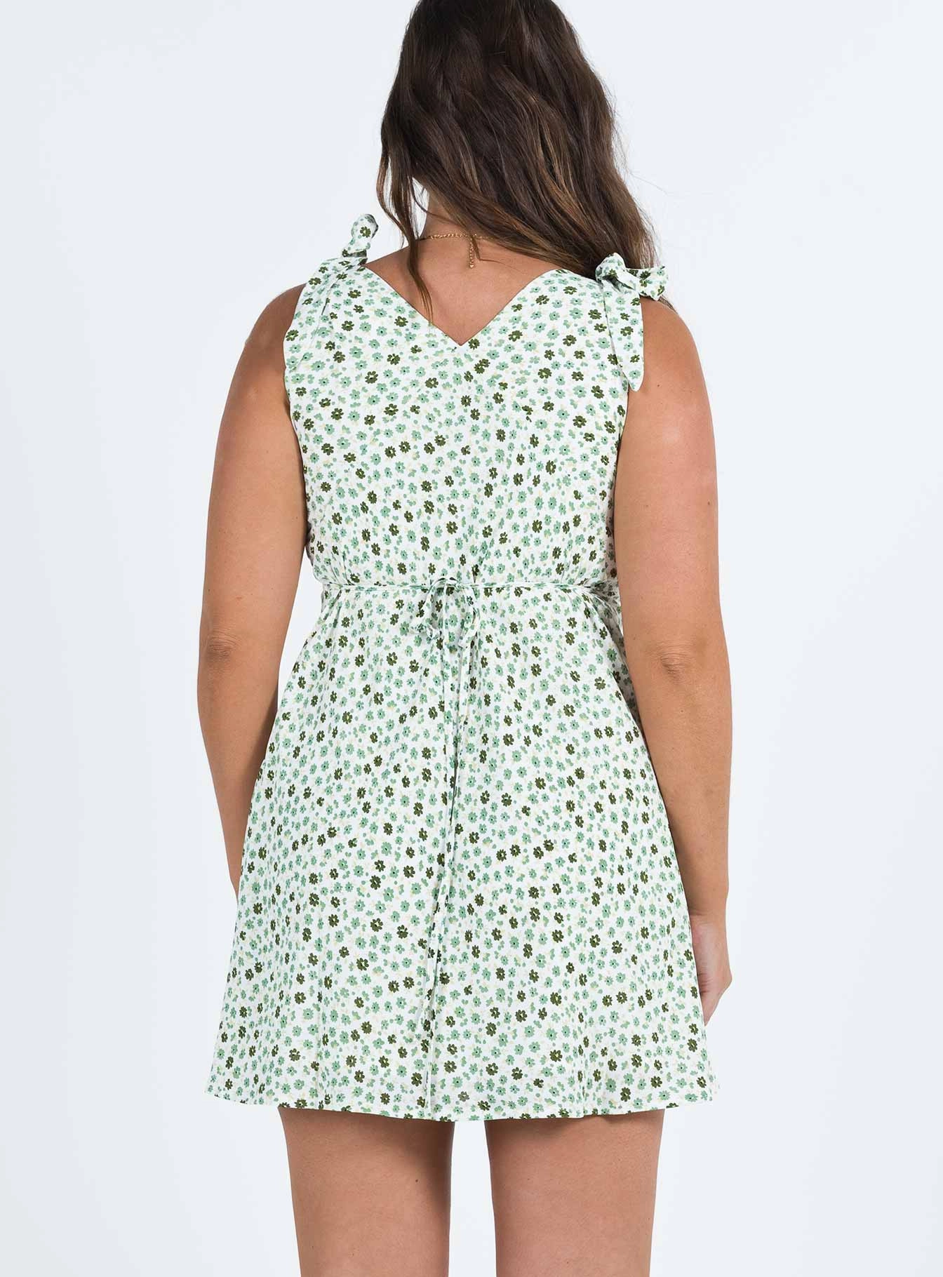 Nellie Tie Shoulder Mini Dress Green Floral Peace View