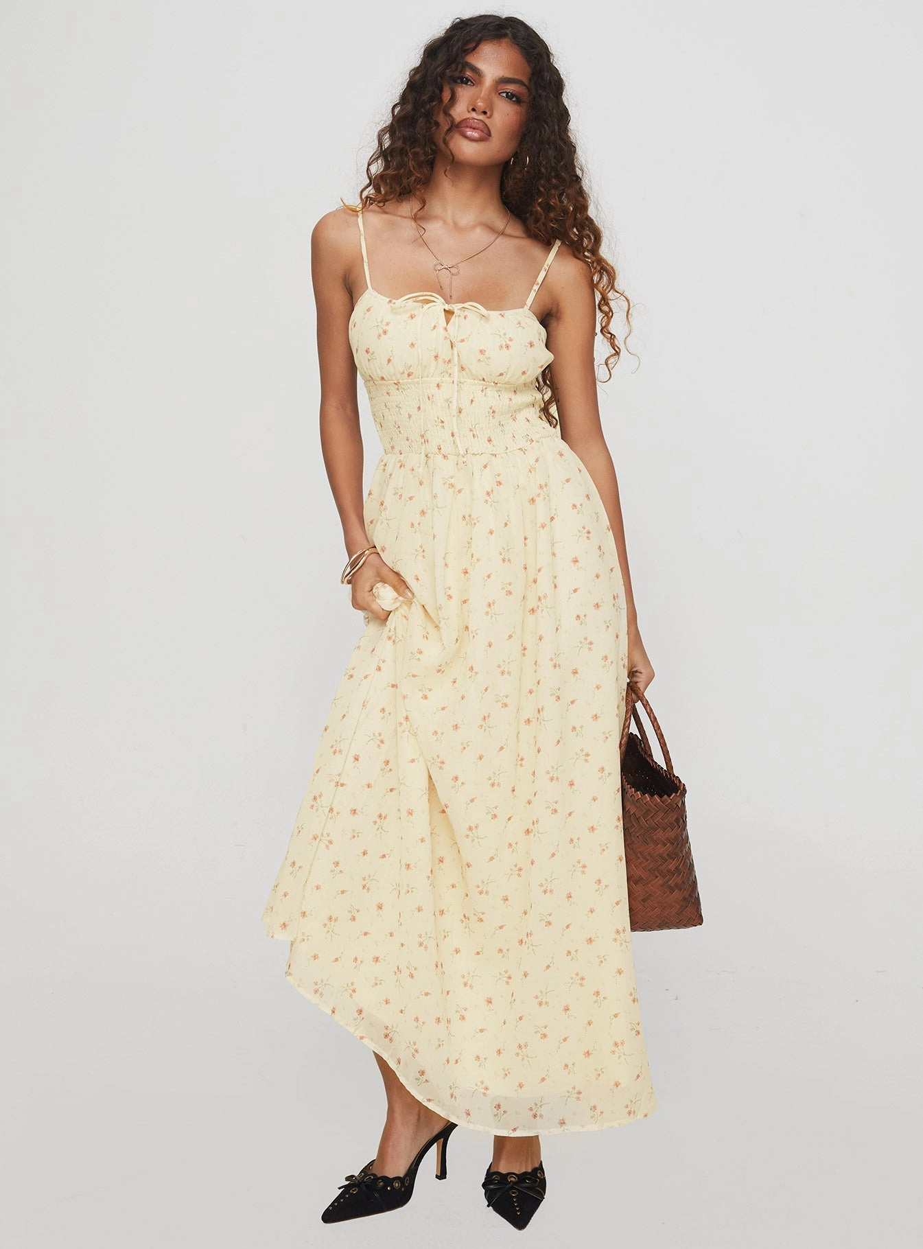 Essential Piece Pearle Shirred Maxi Dress Cream Floral