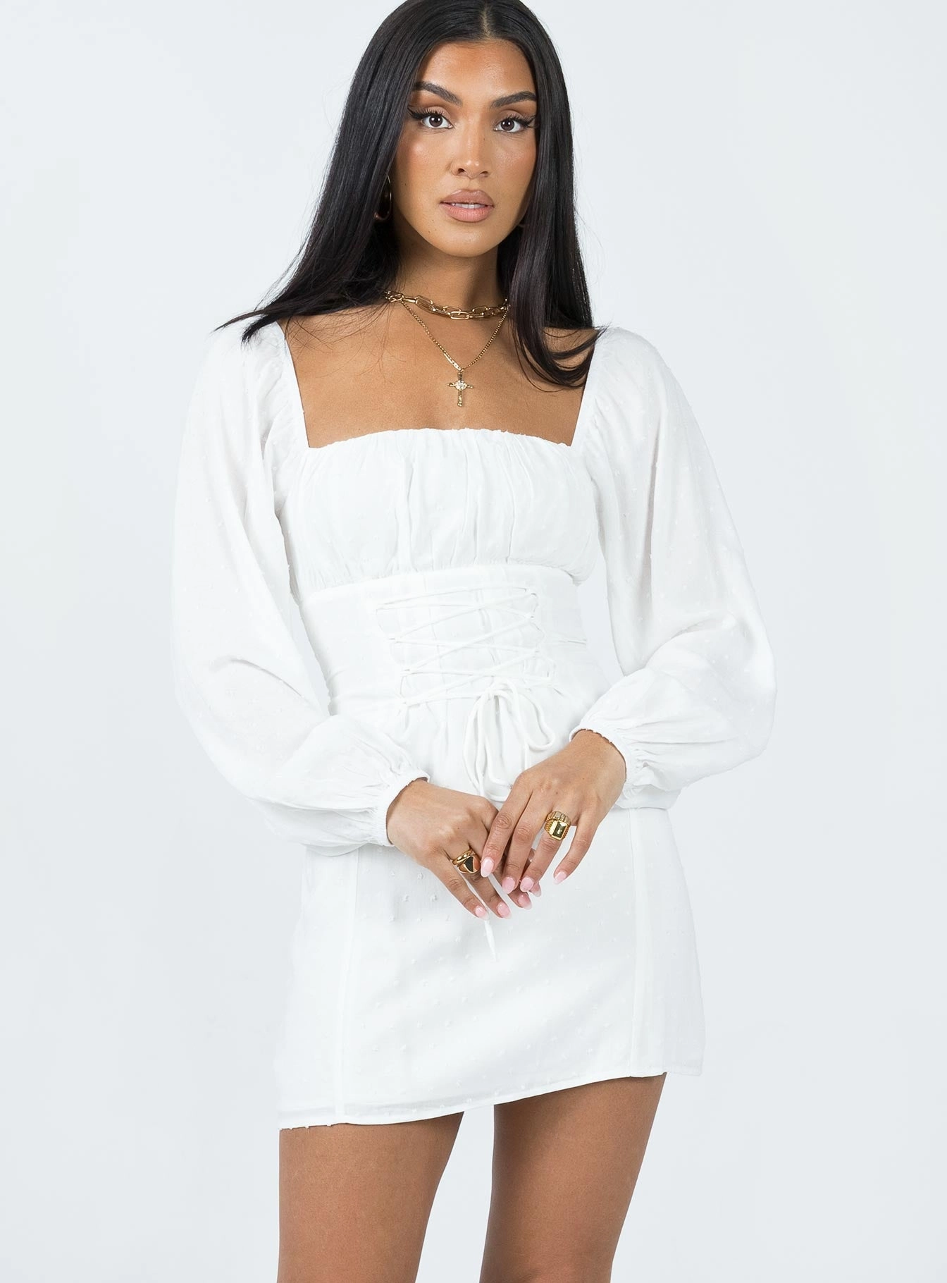 Fauce Long Sleeve Mini Dress Cream garden party Easy Draping