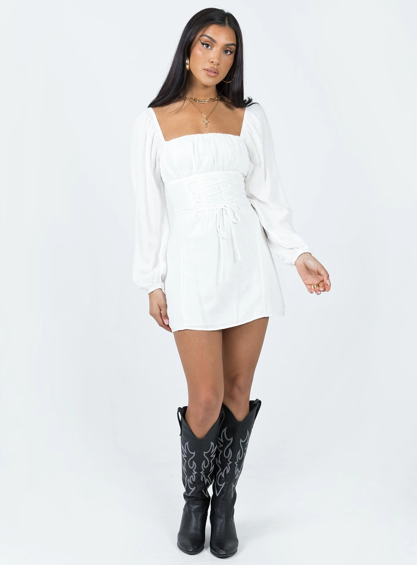 Bold Style Fauce Long Sleeve Mini Dress Cream
