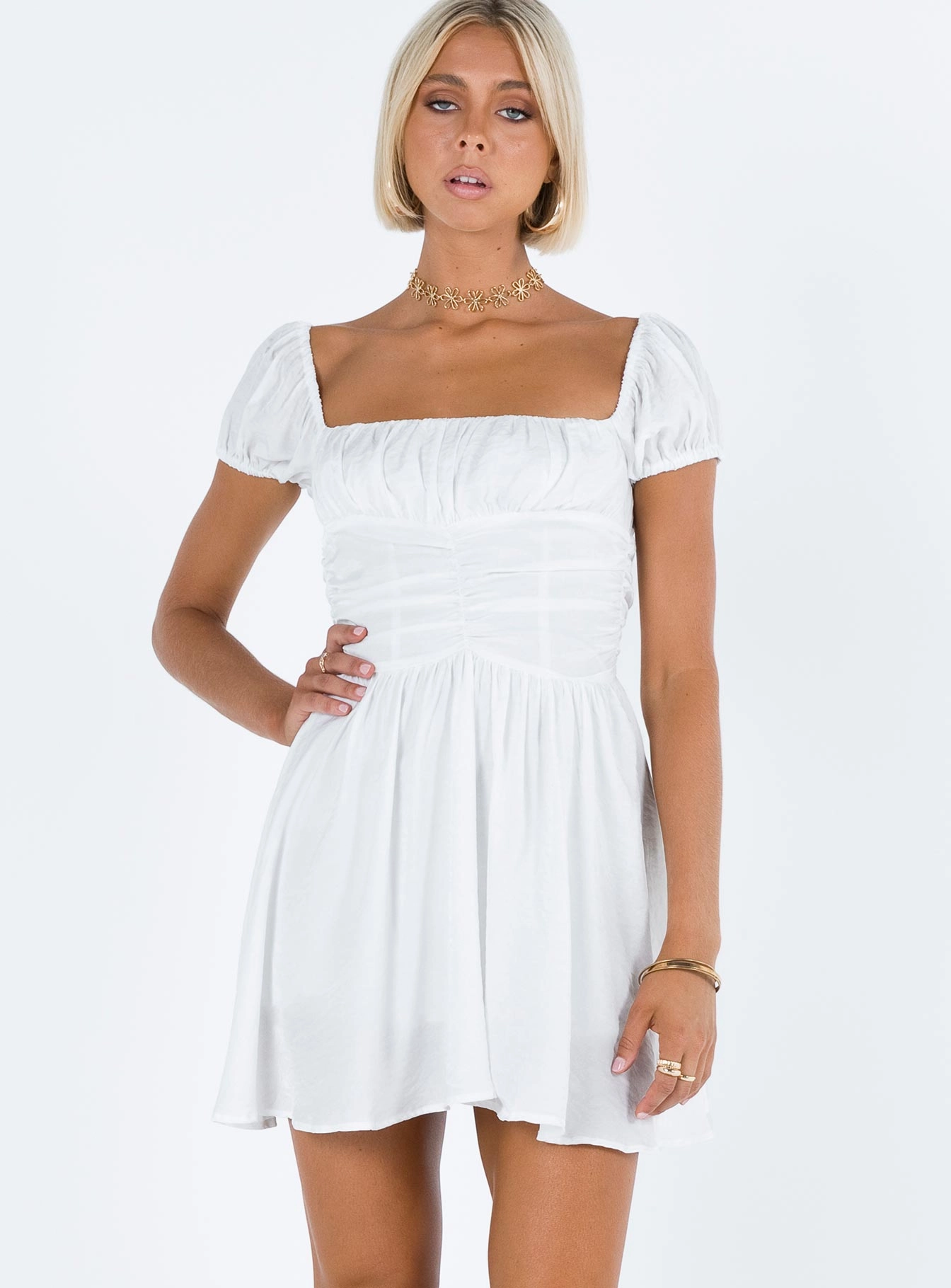 Petal Mini Dress White Flap-Detail Fitted Shape
