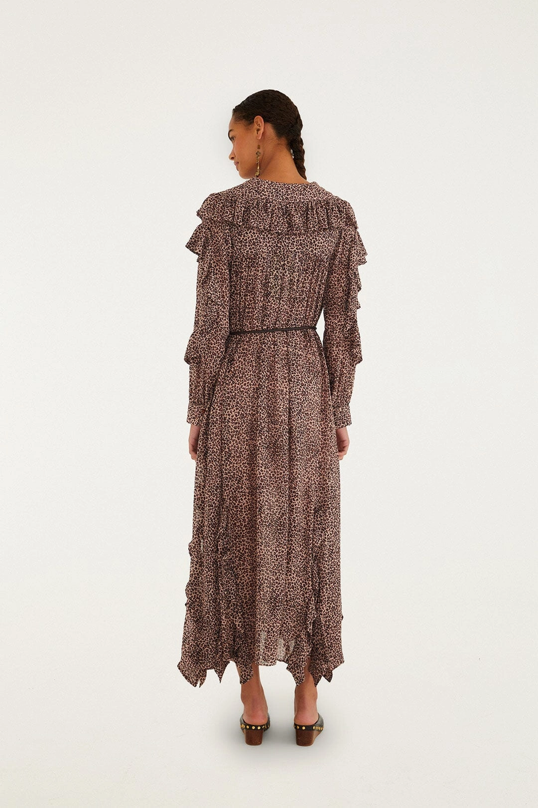 Night Mood Classic Mood Pink Baby Leopard Long Sleeve Angled Frill Maxi Dress Vibrant Look