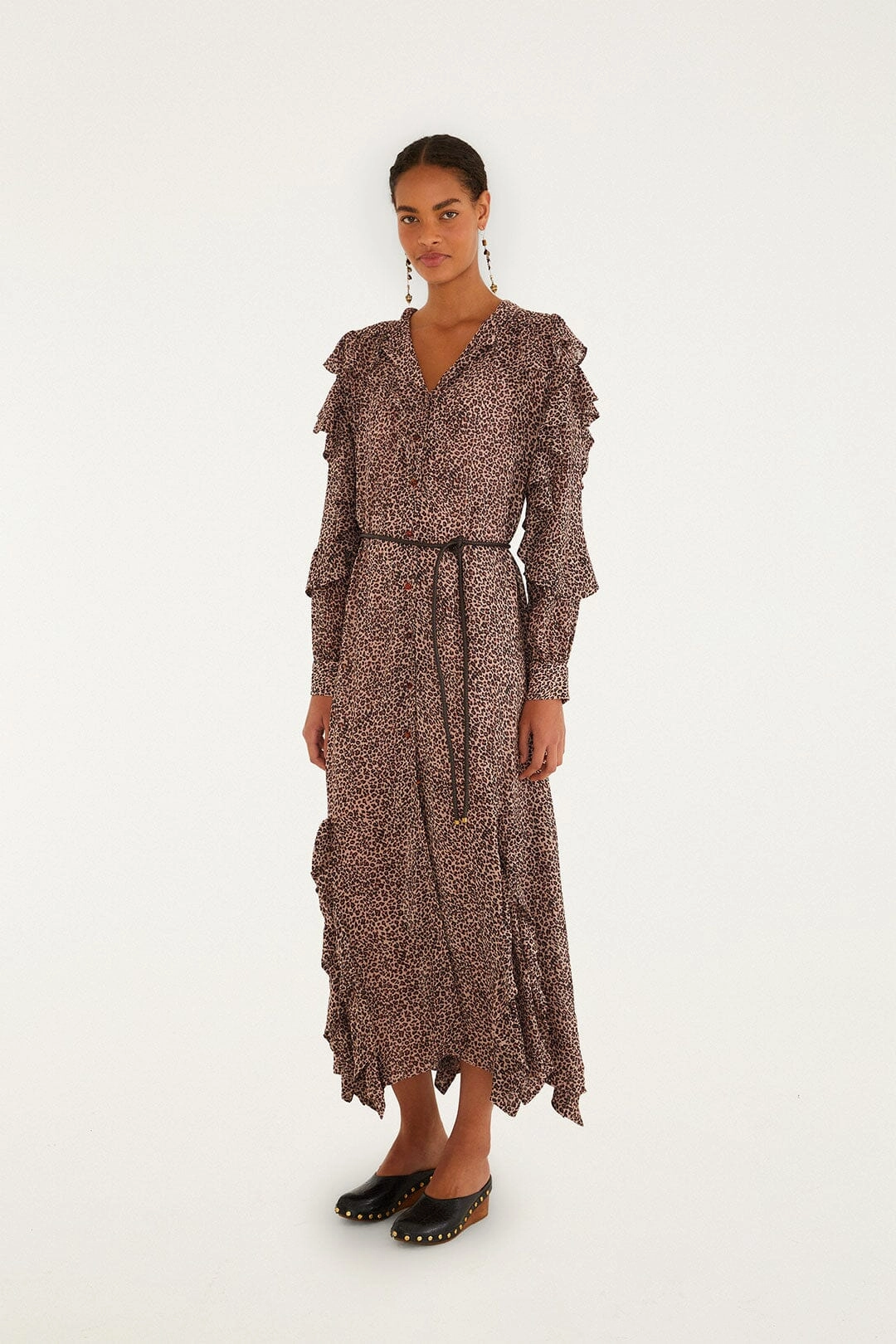 Pink Baby Leopard Long Sleeve Angled Frill Maxi Dress Vibrant Look Effortless Piece High-Fashion