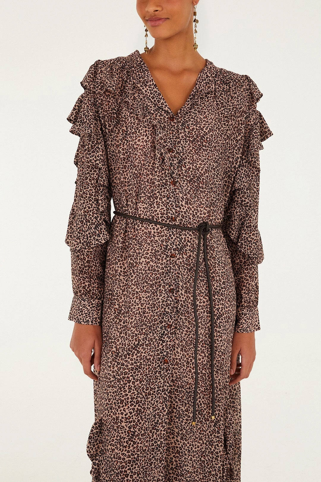 Pink Baby Leopard Long Sleeve Angled Frill Maxi Dress Vibrant Look Chic Appeal Easy Layers