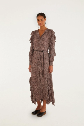 Pink Baby Leopard Long Sleeve Angled Frill Maxi Dress Vibrant Look Effortless Piece High-Fashion