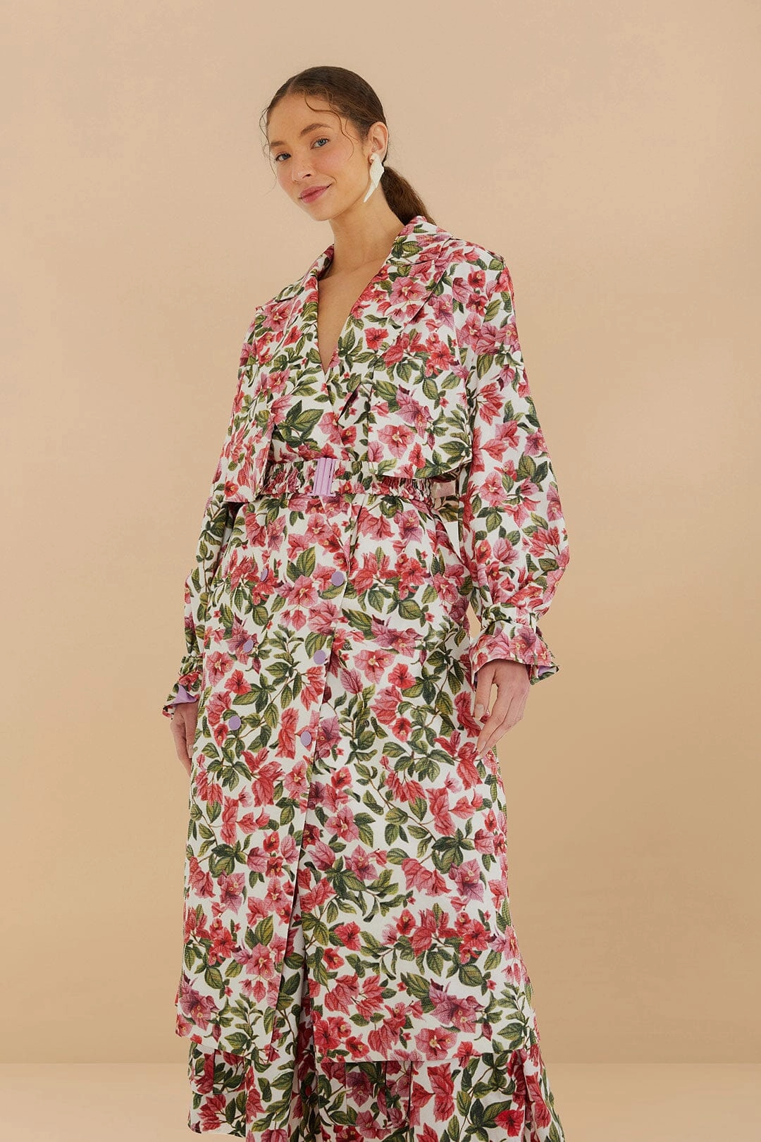 All Weather Piece Pink Bougainvillea Oversized Trench Coat