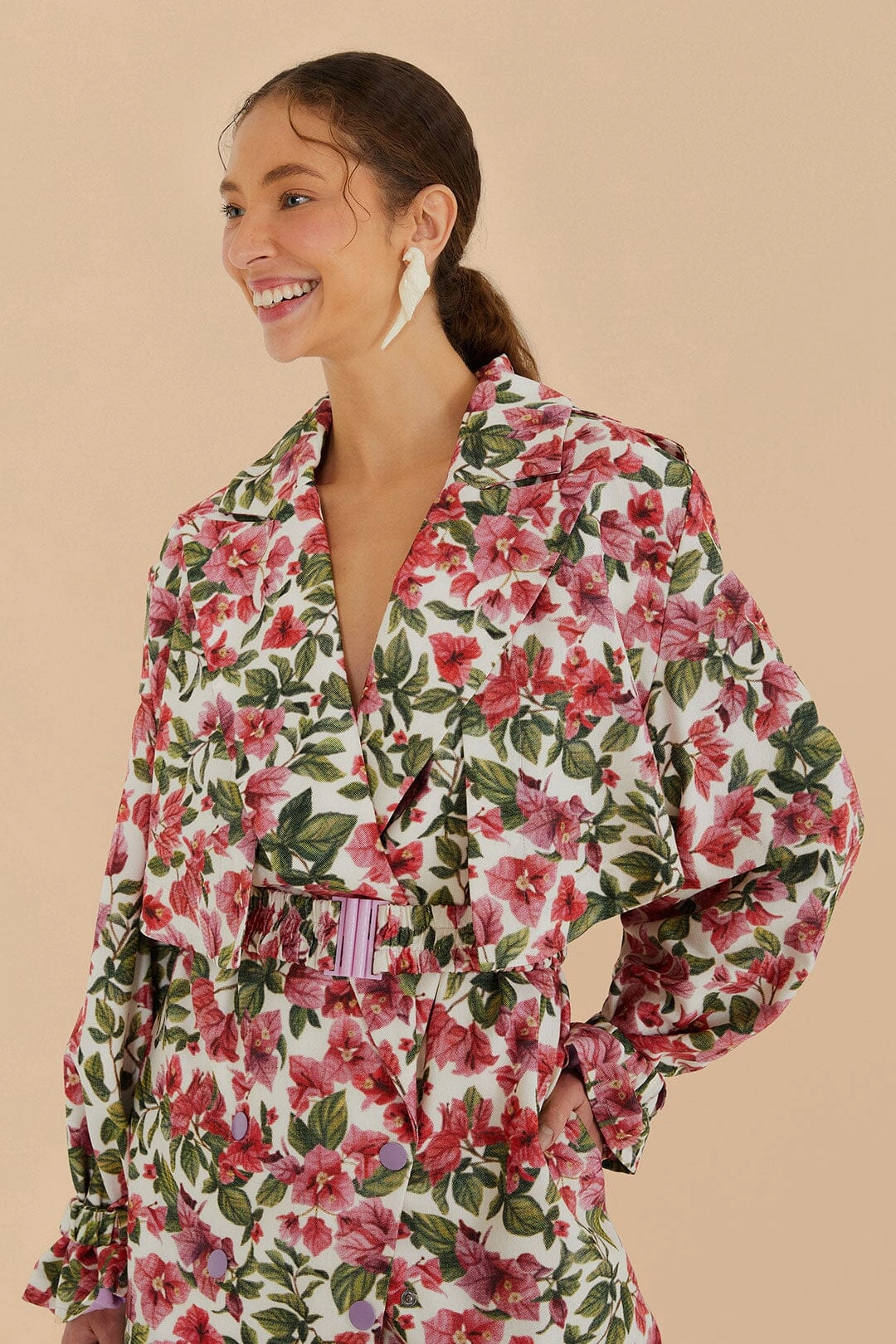Pink Bougainvillea Oversized Trench Coat Compact Design