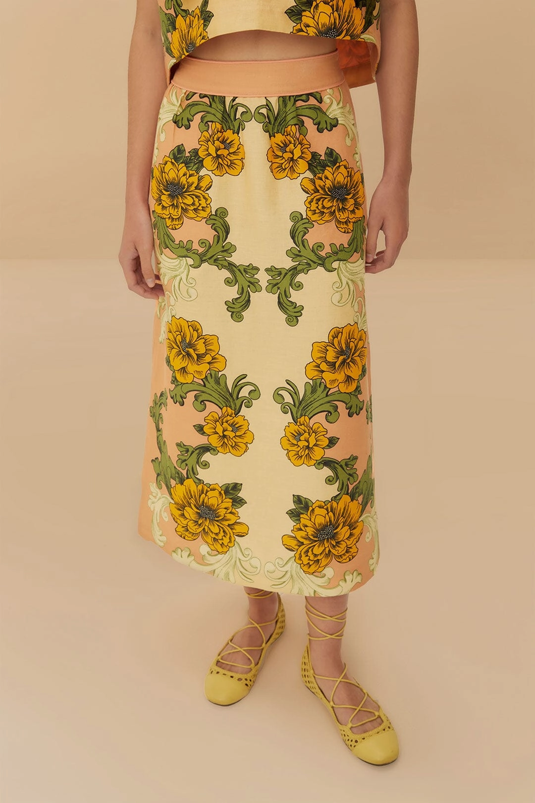Wardrobe Classic Crisp Details Pink Delicate Flower Arabesques Euroflax? Premium Linen Midi Skirt