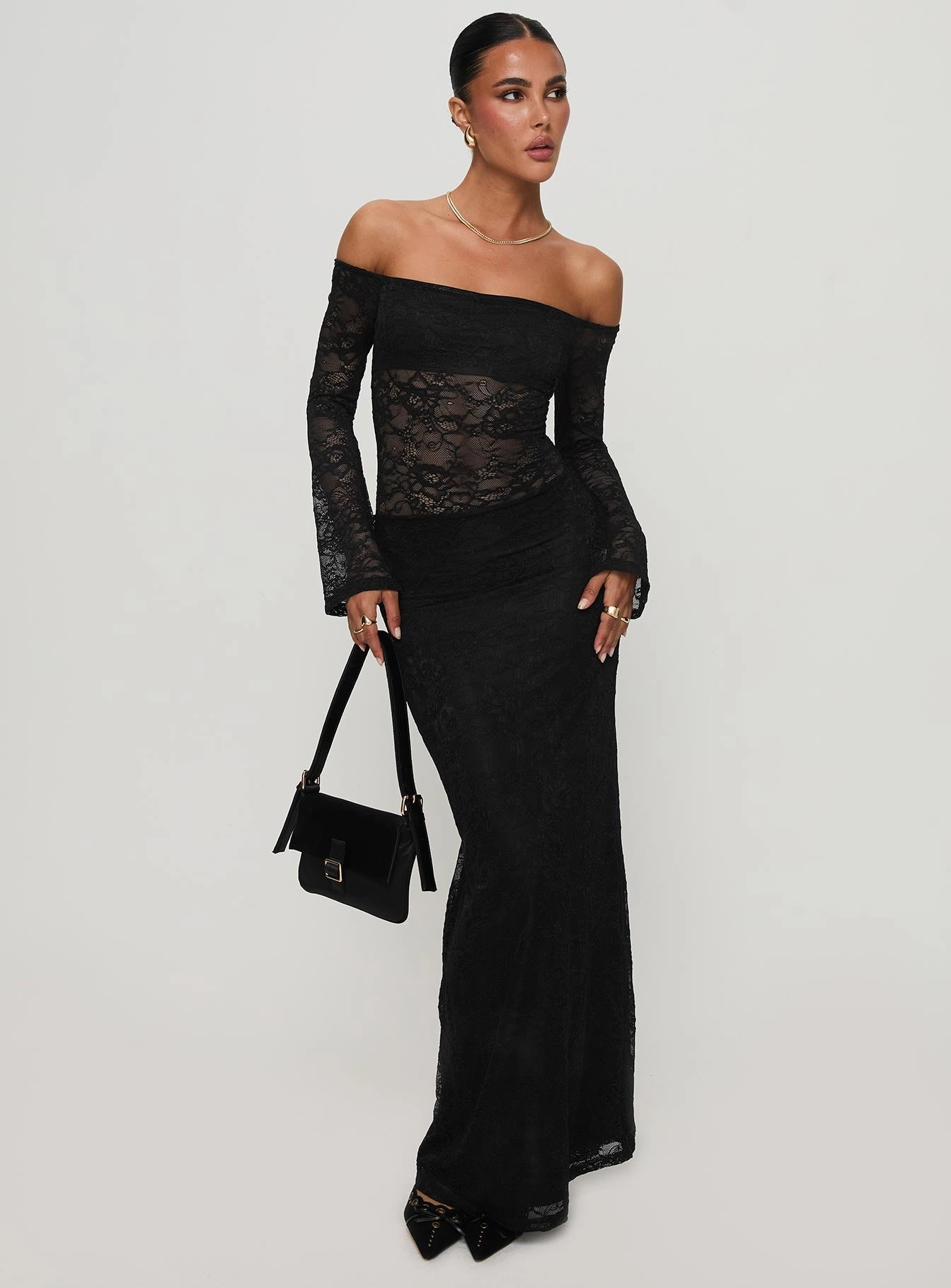 everyday elegance Embroidered-Detail Pinot Grigio Long Sleeve Lace Maxi Dress Black