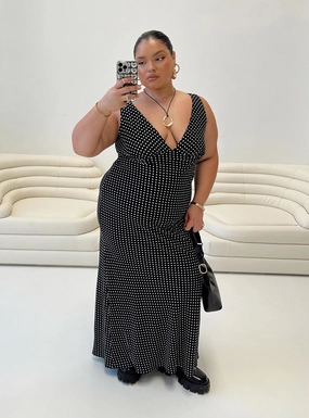 Nellie Maxi Dress Black Polka Dot Curve Body Confidence Office Fit