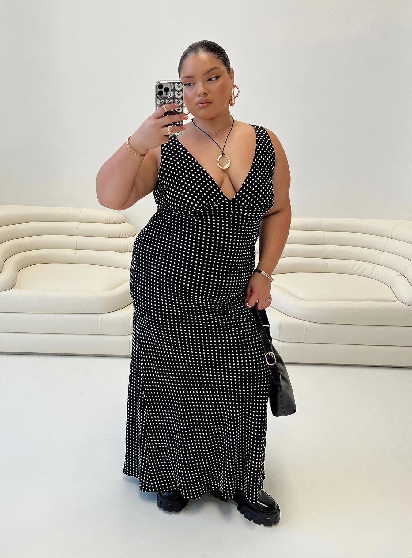 Nellie Maxi Dress Black Polka Dot Curve Body Confidence Office Fit