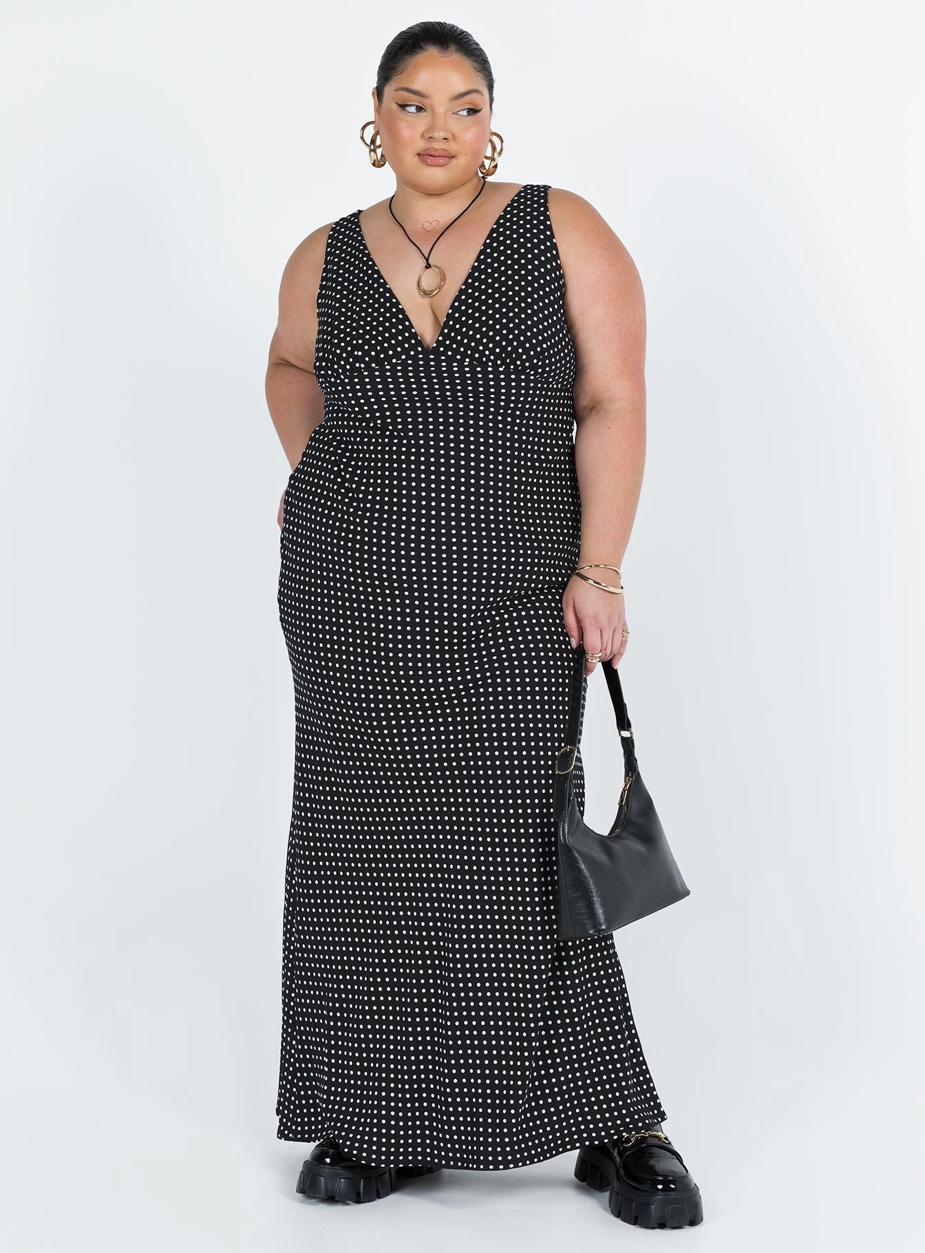 Nellie Maxi Dress Black Polka Dot Curve Soft Tone Date Nightwear
