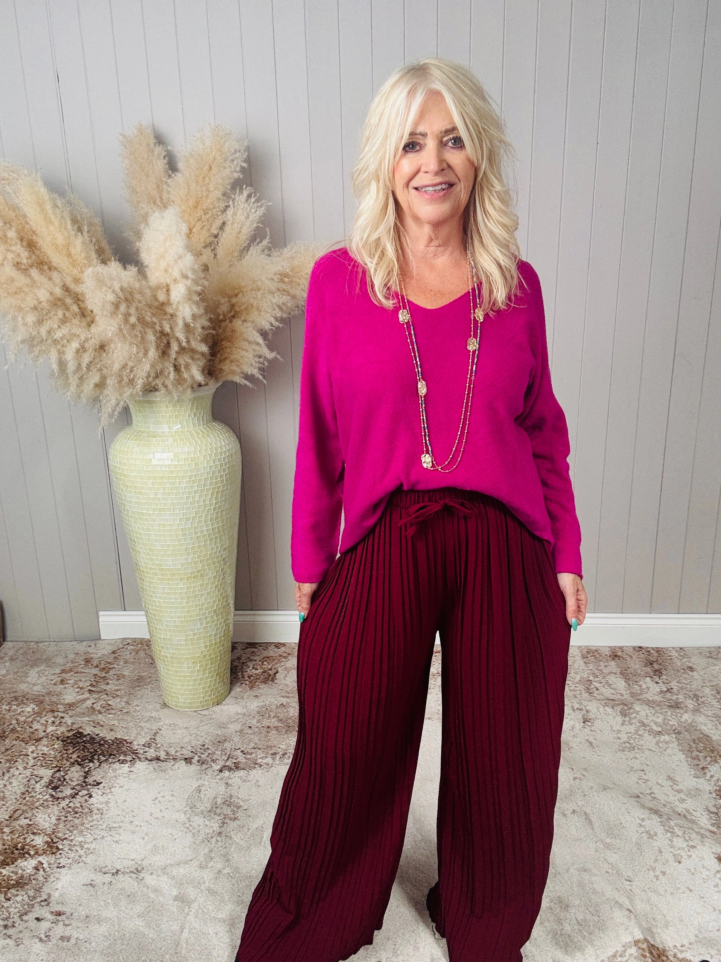 Polly Pleat Trousers Wine Relaxed Comfort Fit