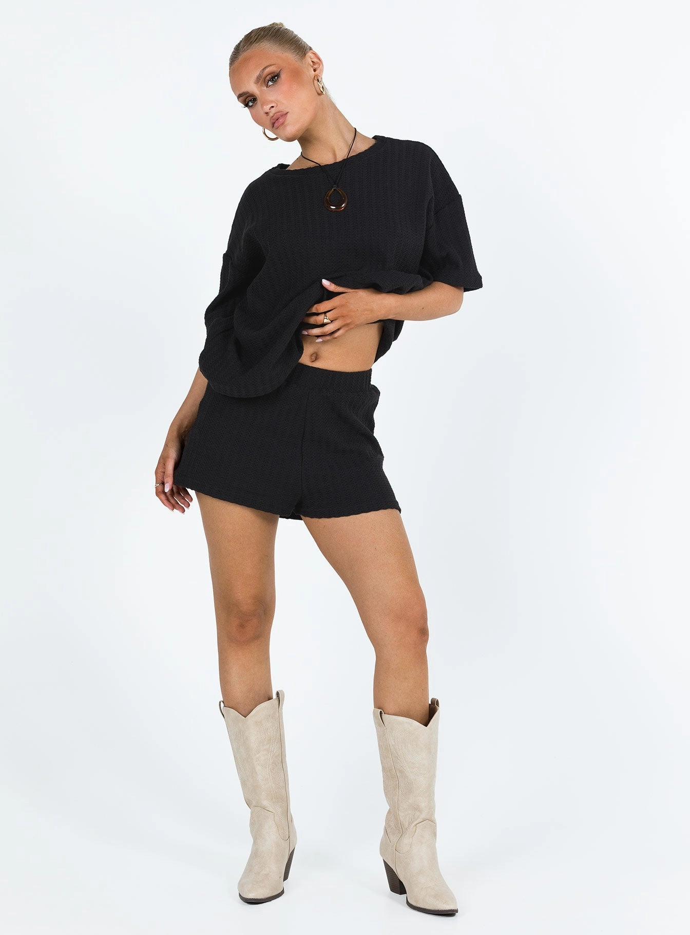 Vacation Outfit khaki shorts Cammie Knit Set Black