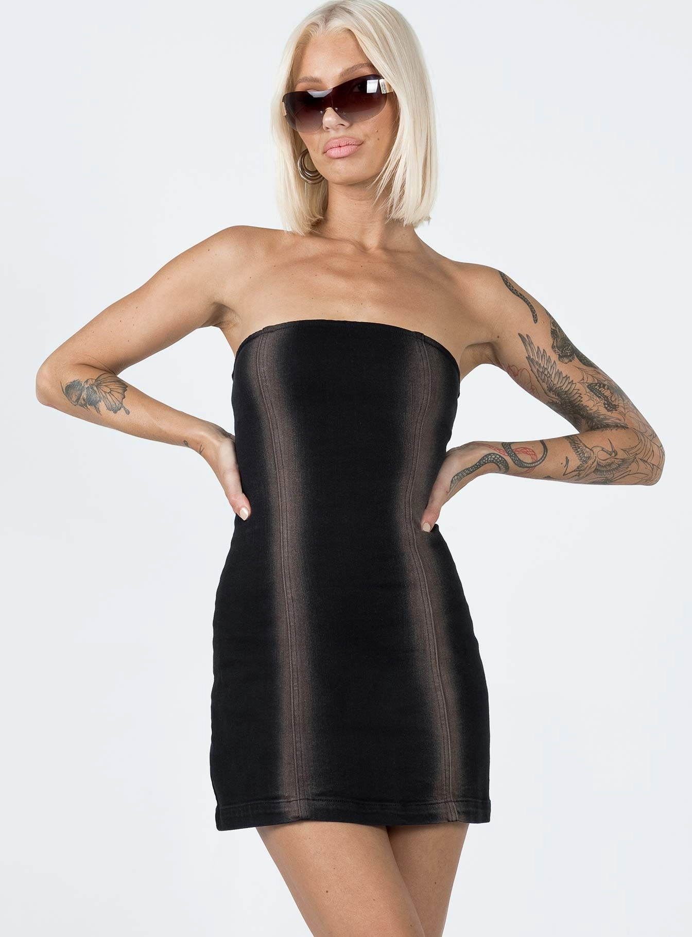 Pre Show Denim Mini Dress Black Work Vibes Bust-Enhancing