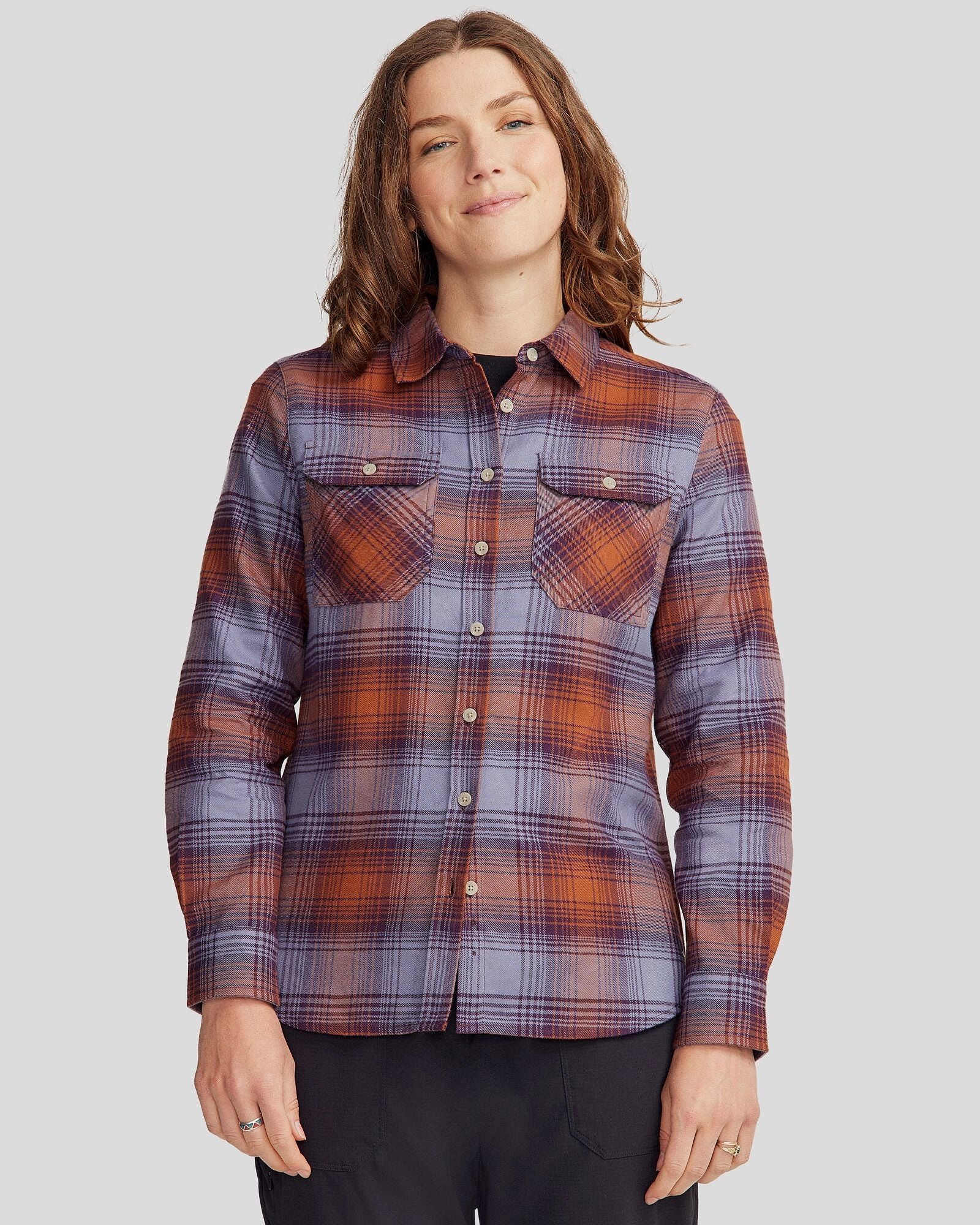 Women's Carrillon HF Long Sleeve Shirt  - Shadow Plaid Haze Seamless Shoulder Bold Print