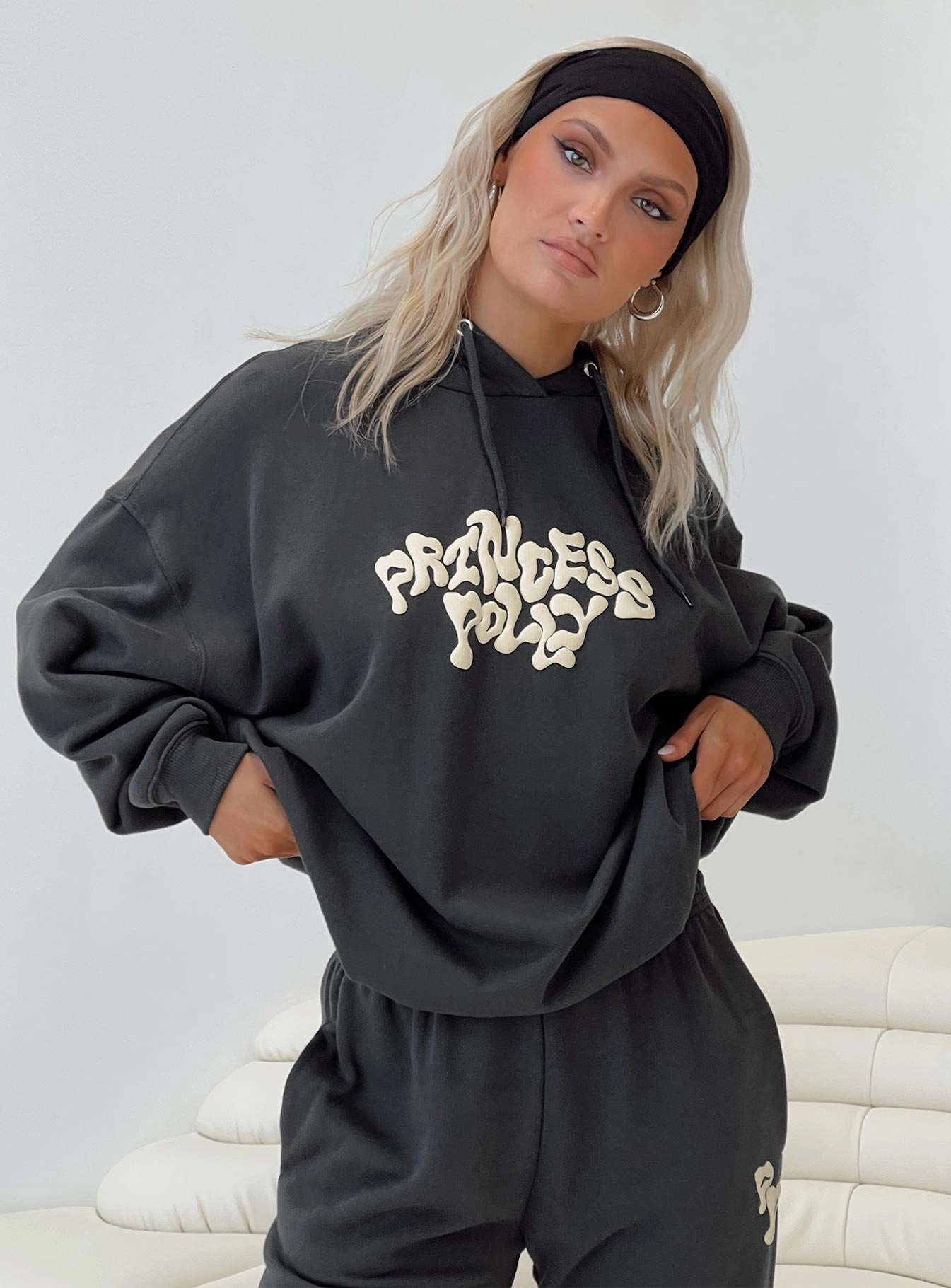 Halloween wear Princess Polly Hooded Sweatshirt Squiggle Text Black Sand / Eggshell
