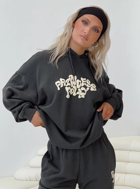 Halloween wear Princess Polly Hooded Sweatshirt Squiggle Text Black Sand / Eggshell