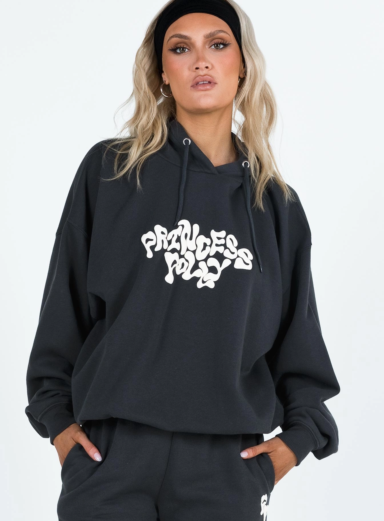 Lounging At Home Easy Care Princess Polly Hooded Sweatshirt Squiggle Text Black Sand / Eggshell