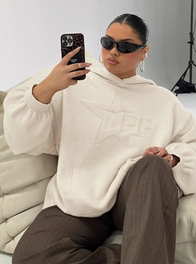 Mode Feel Matte Finish Princess Polly Knit Hoodie Beige Curve