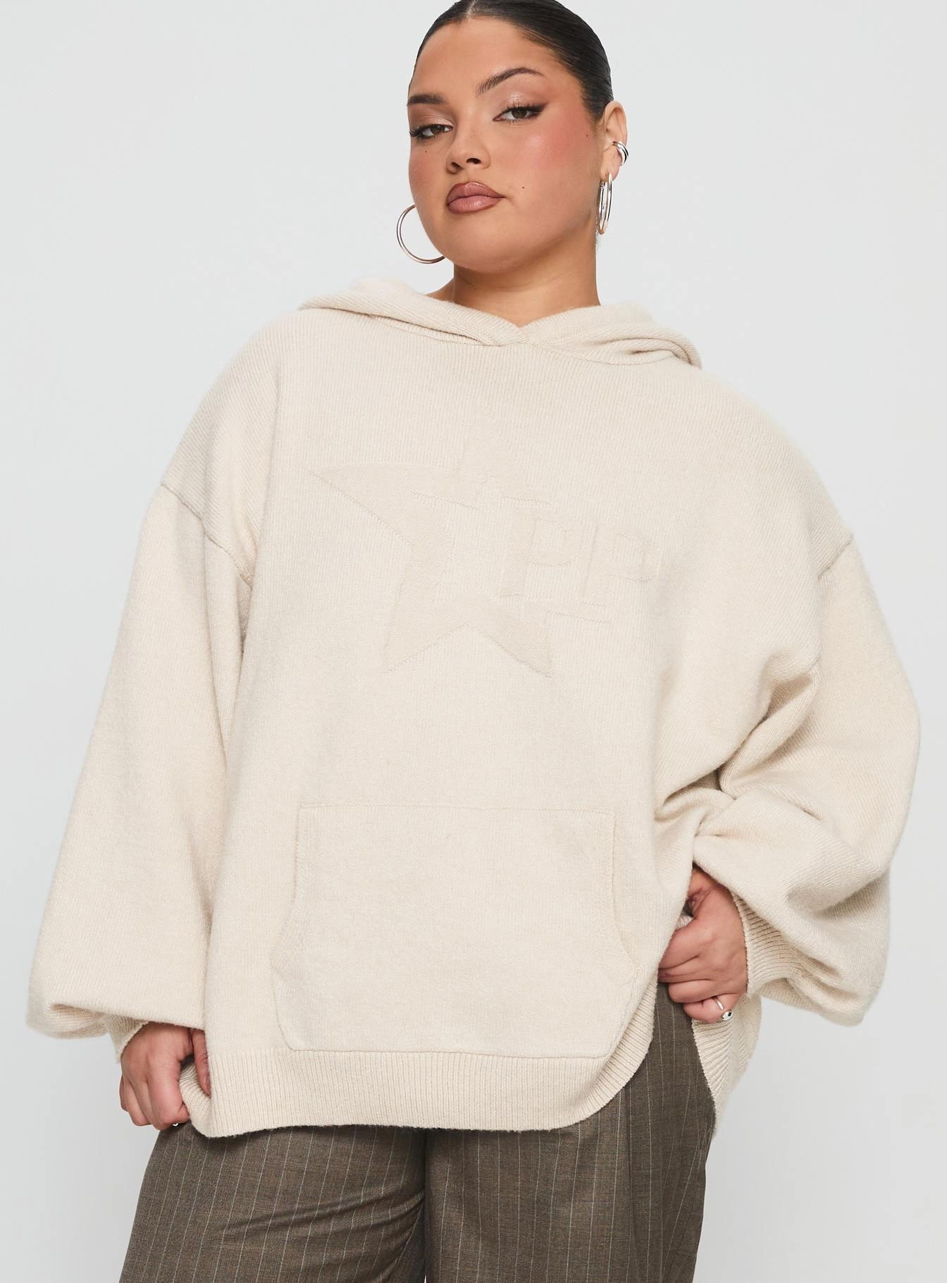 Princess Polly Knit Hoodie Beige Curve Smooth Zipper Glide