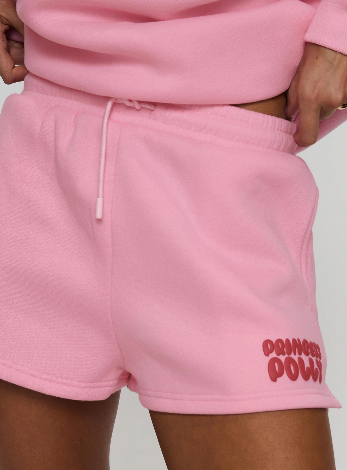 Princess Polly Sweat Short Bubble Text Pink / Red Flexibility Built-In No Ride Up Design
