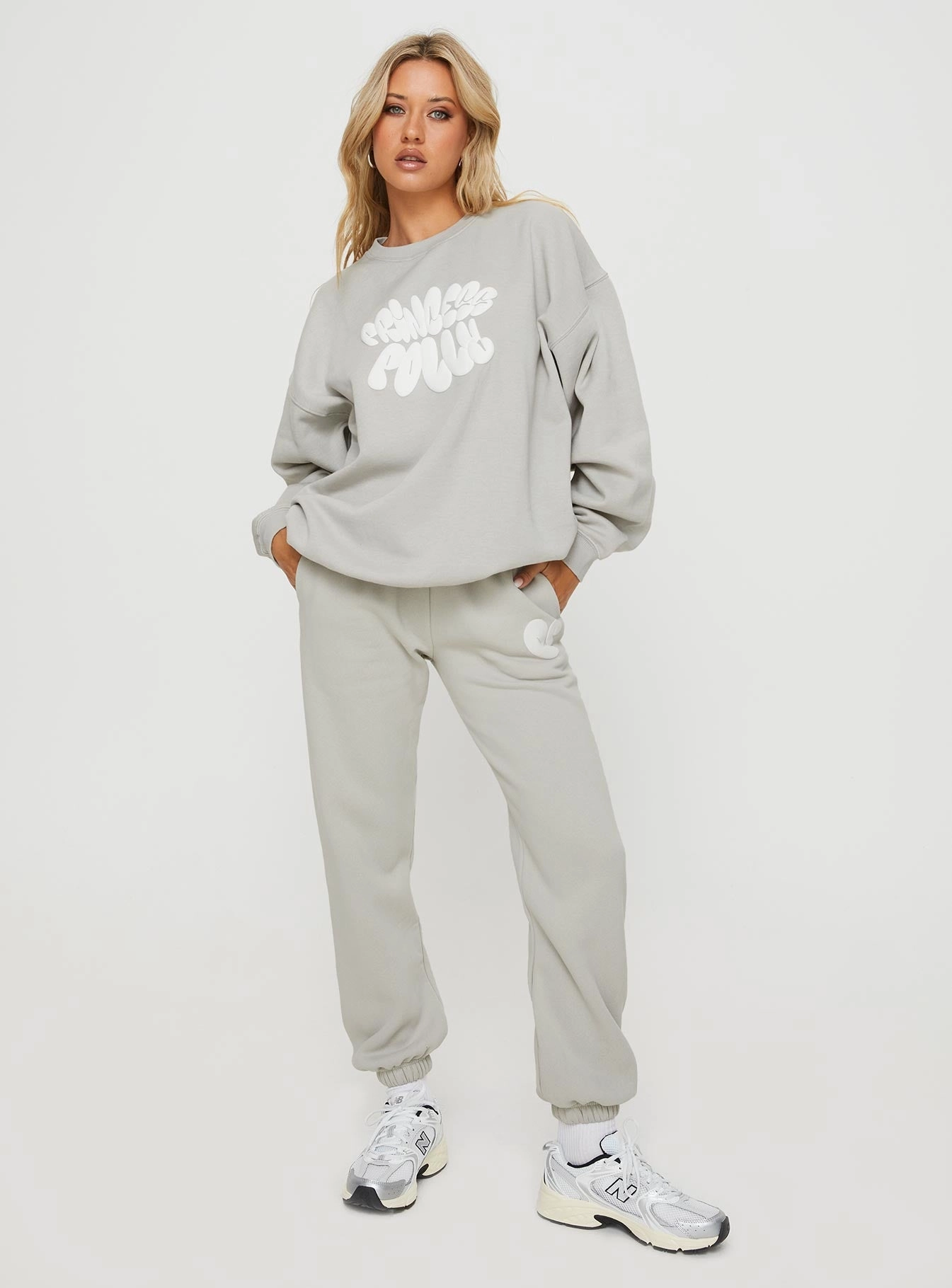 Princess Polly Track Pants Bubble Text Grey / Cloud White TailoredSilhouette All weather