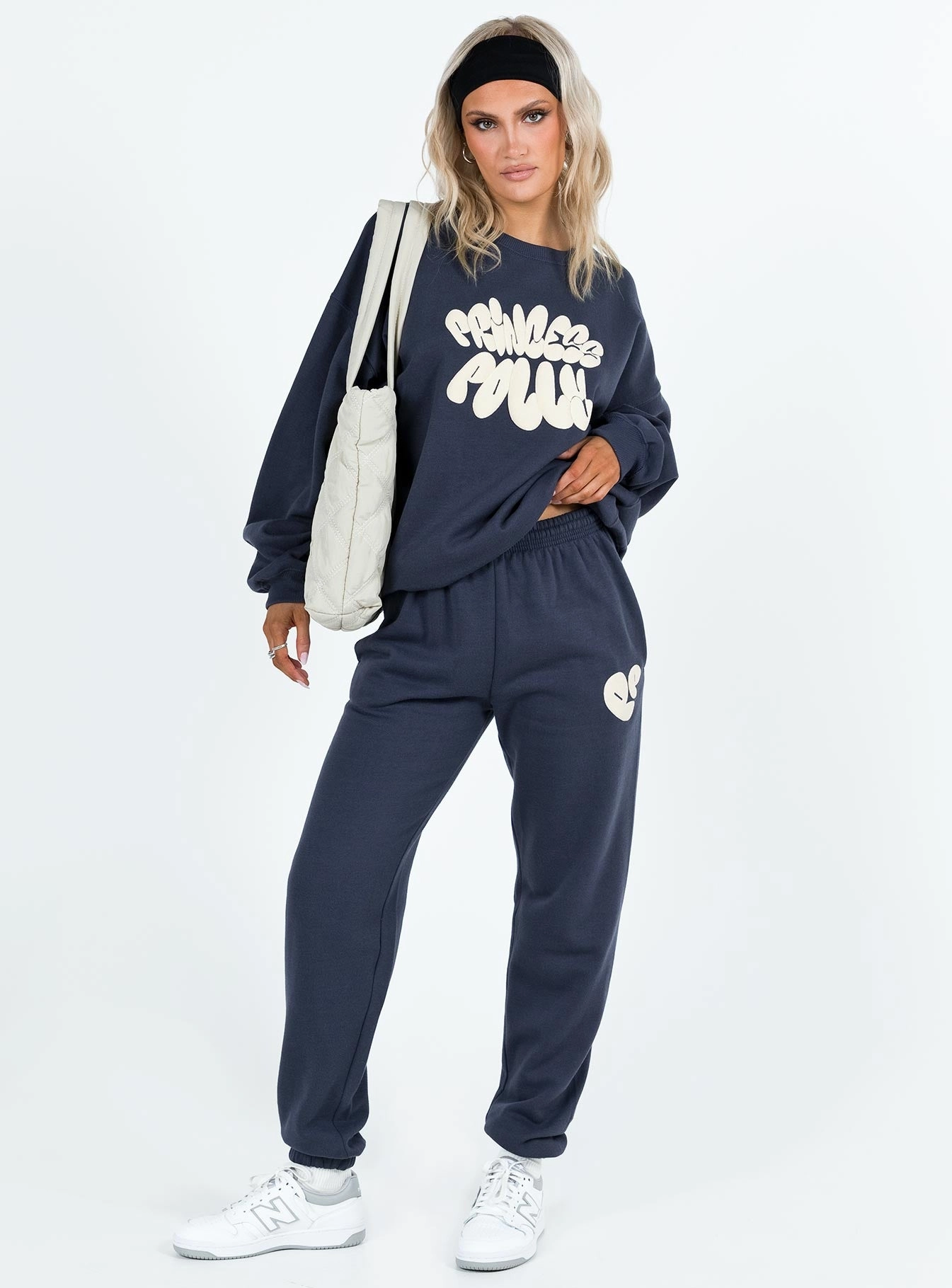 Princess Polly Track Pants Bubble Text Slate / Eggshell Utility Style Moisture Wicking Fabric