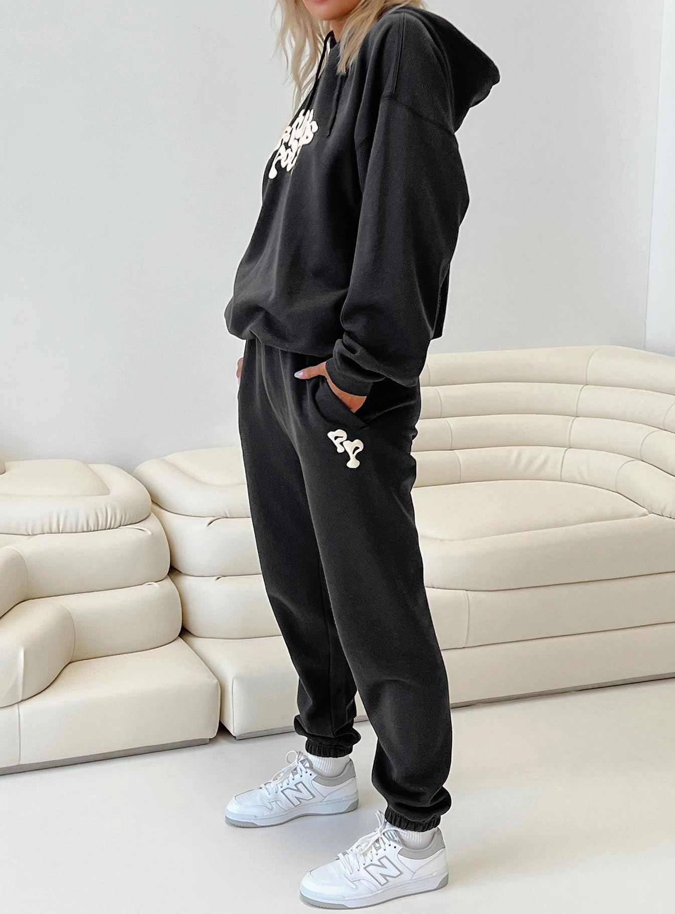 Cool Weather Princess Polly Track Pants Squiggle Text Black Sand / Eggshell