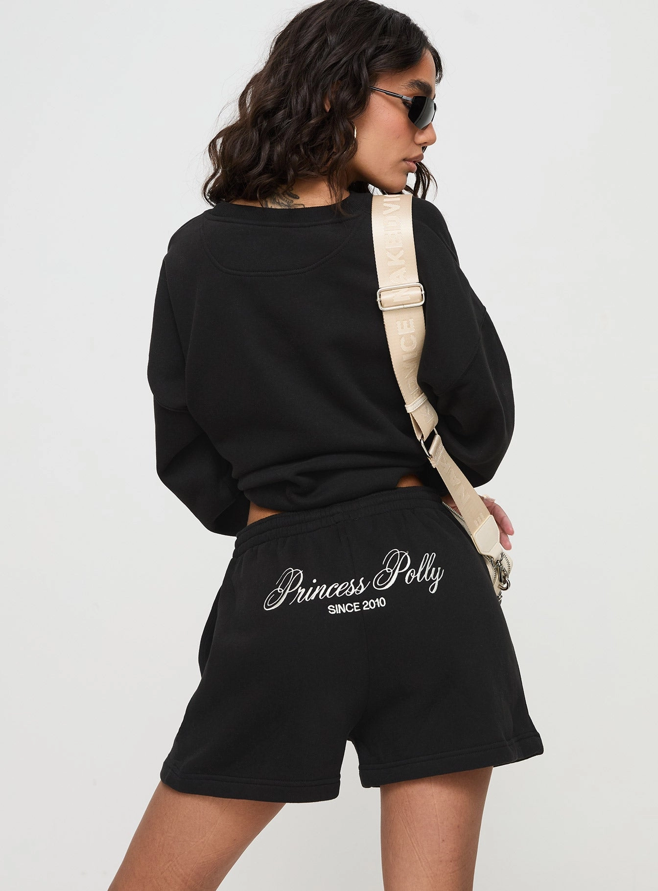 Reinforced Stress Points Princess Polly Track Shorts Cursive Text Black Sand