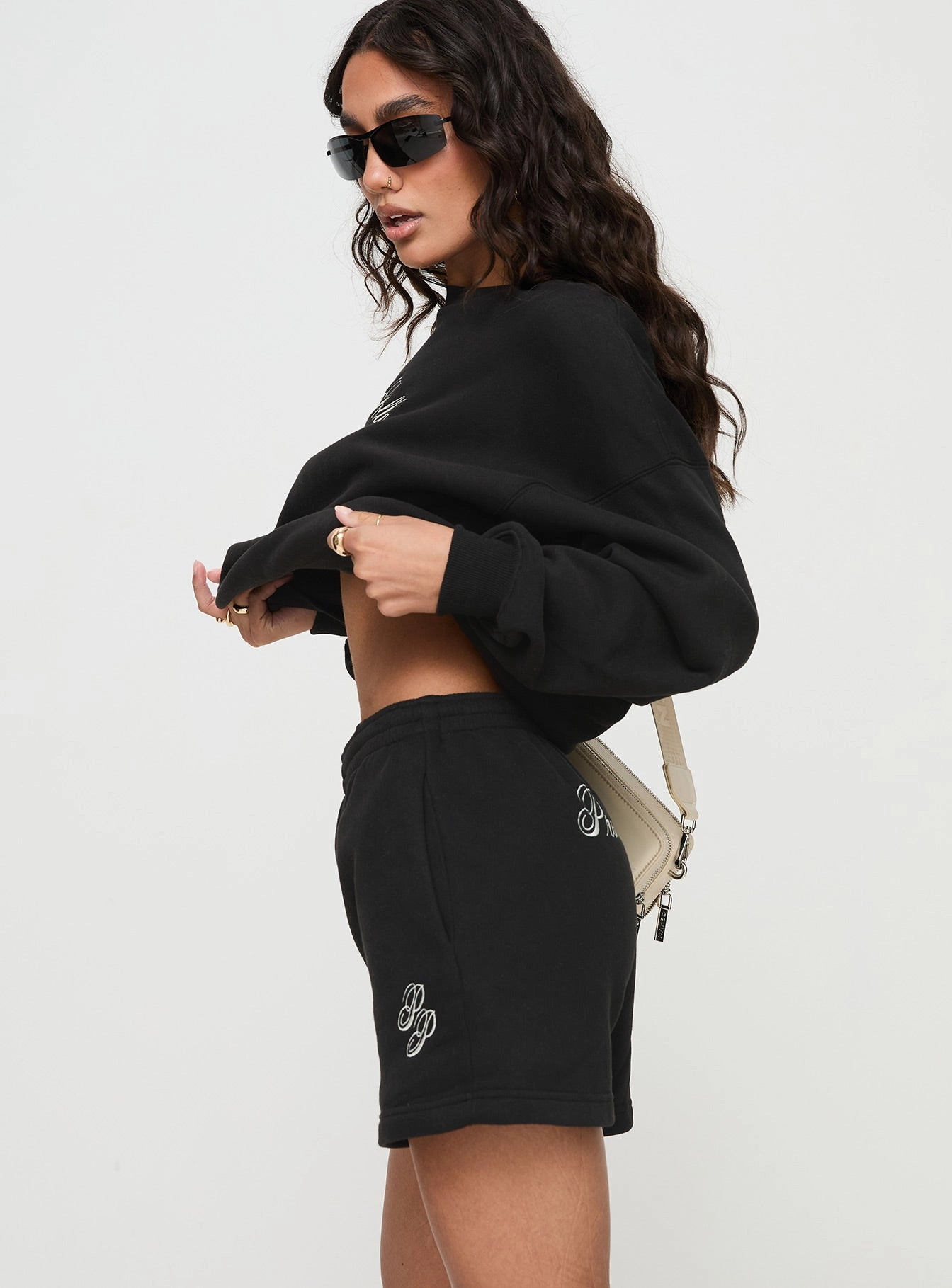 Abrasion Resistant Fabric Princess Polly Track Shorts Cursive Text Black Sand