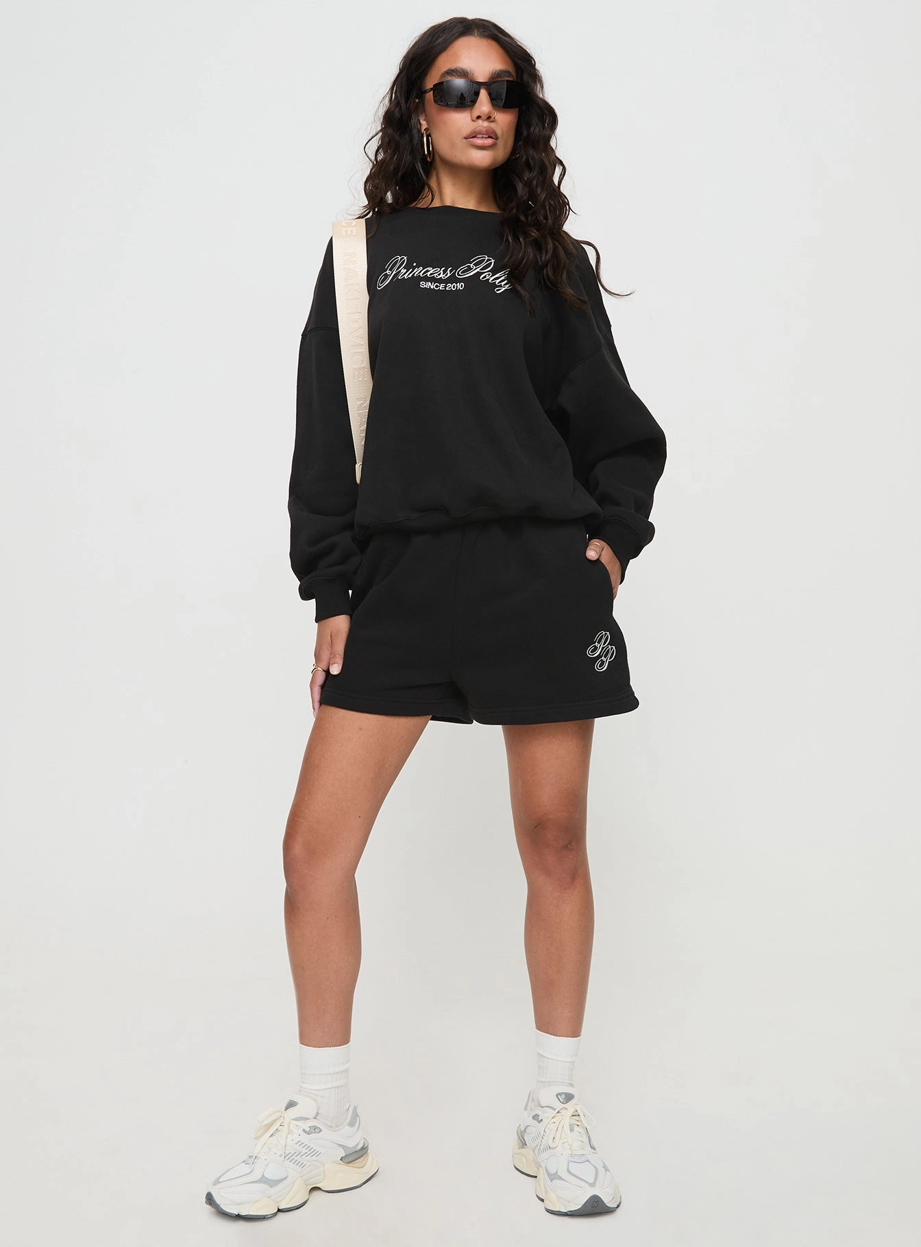 Princess Polly Track Shorts Cursive Text Black Sand Bright Hues