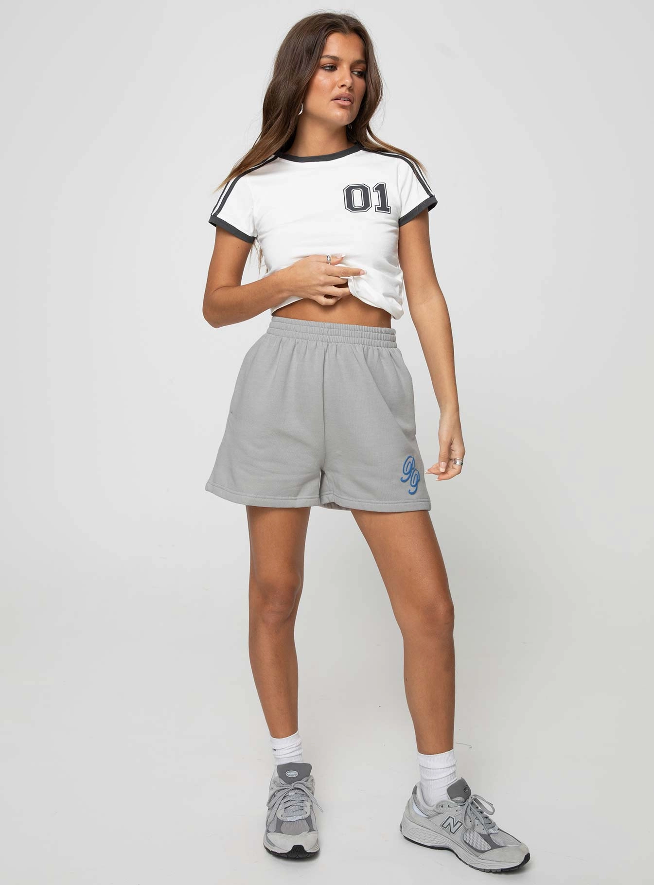 Princess Polly Track Shorts Cursive Text Grey / Blue Anti Static Fabric Performance Stretch