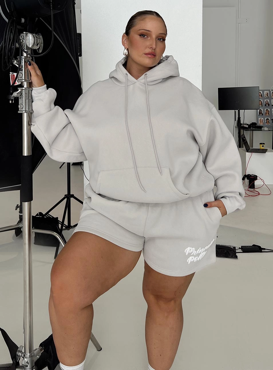 Princess Polly Track Shorts Puff Text Grey Curve Quick Movement Fit