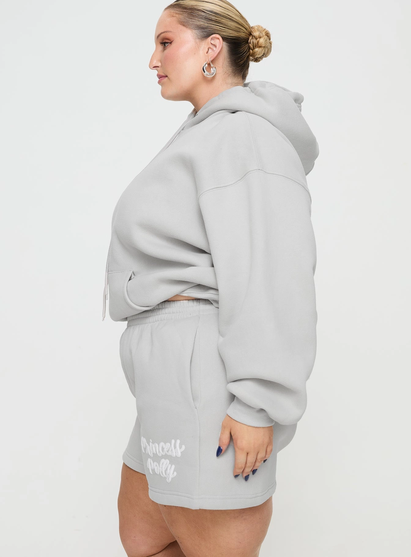 Elastic Waistband Design snap closure Princess Polly Track Shorts Puff Text Grey Curve