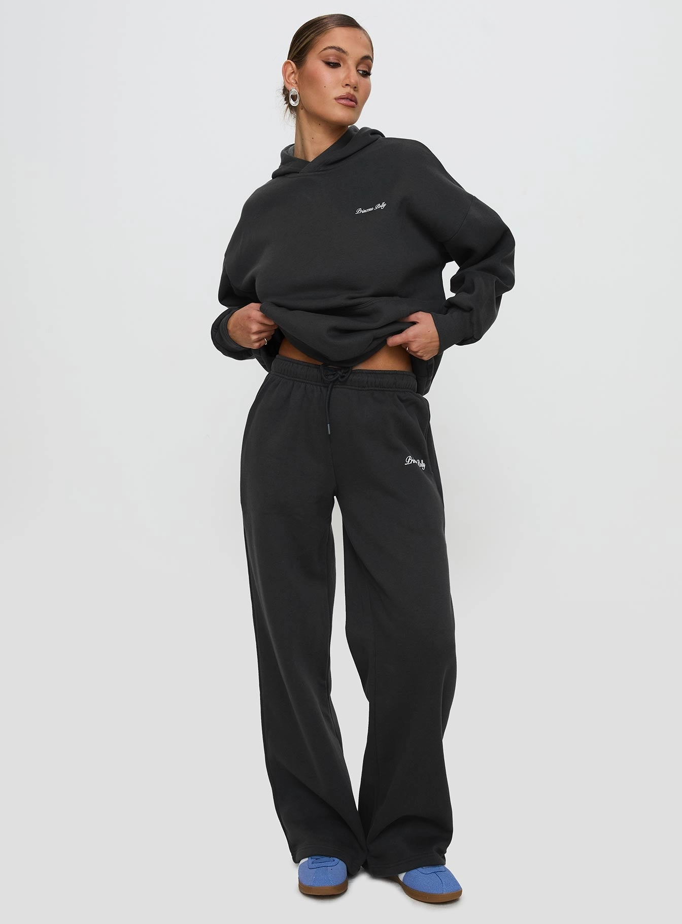 Princess Polly Wide Leg Track Pant Bubble Script Charcoal Relaxed Comfort Wear