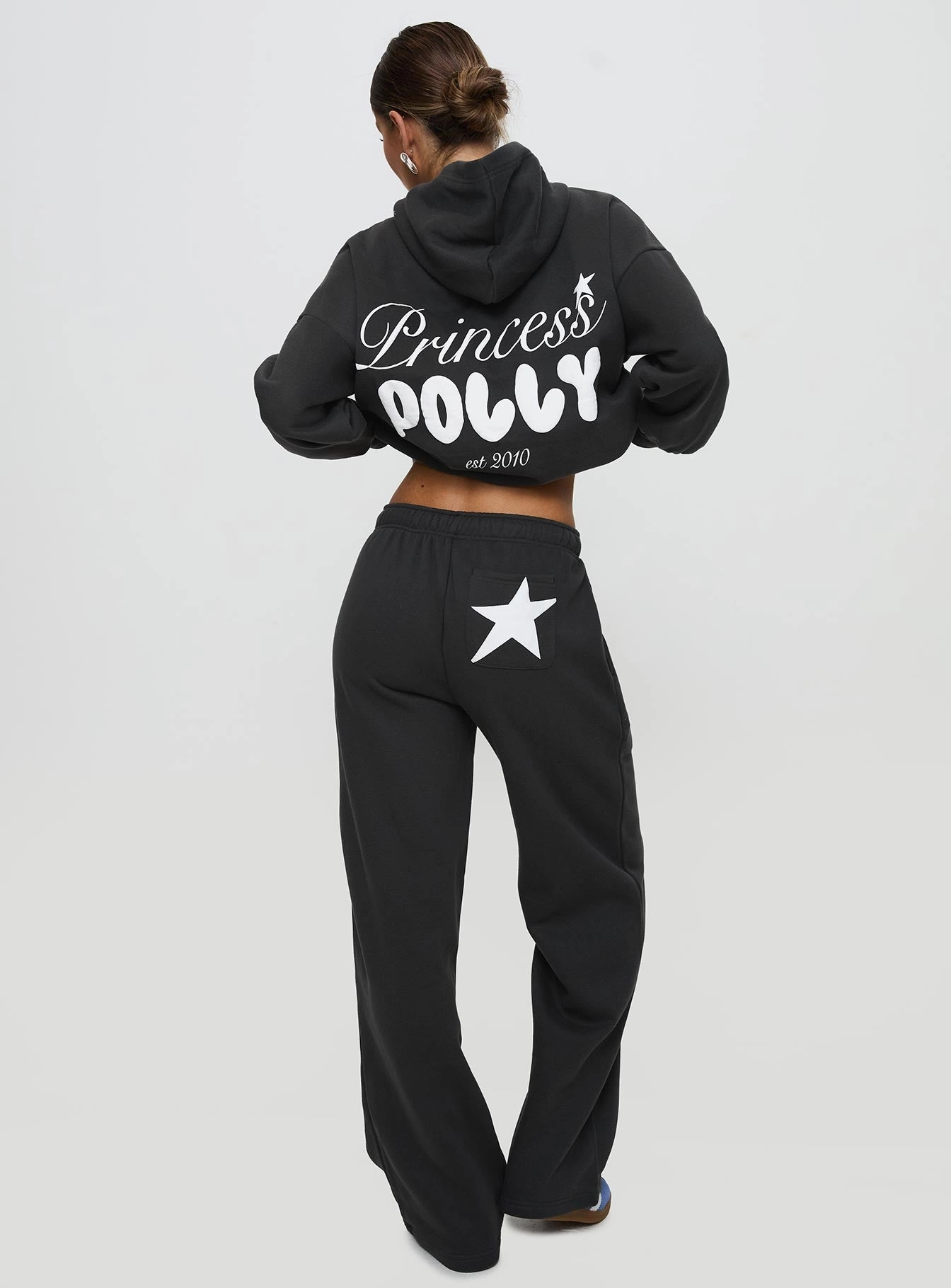 Princess Polly Wide Leg Track Pant Bubble Script Charcoal All Day Fit