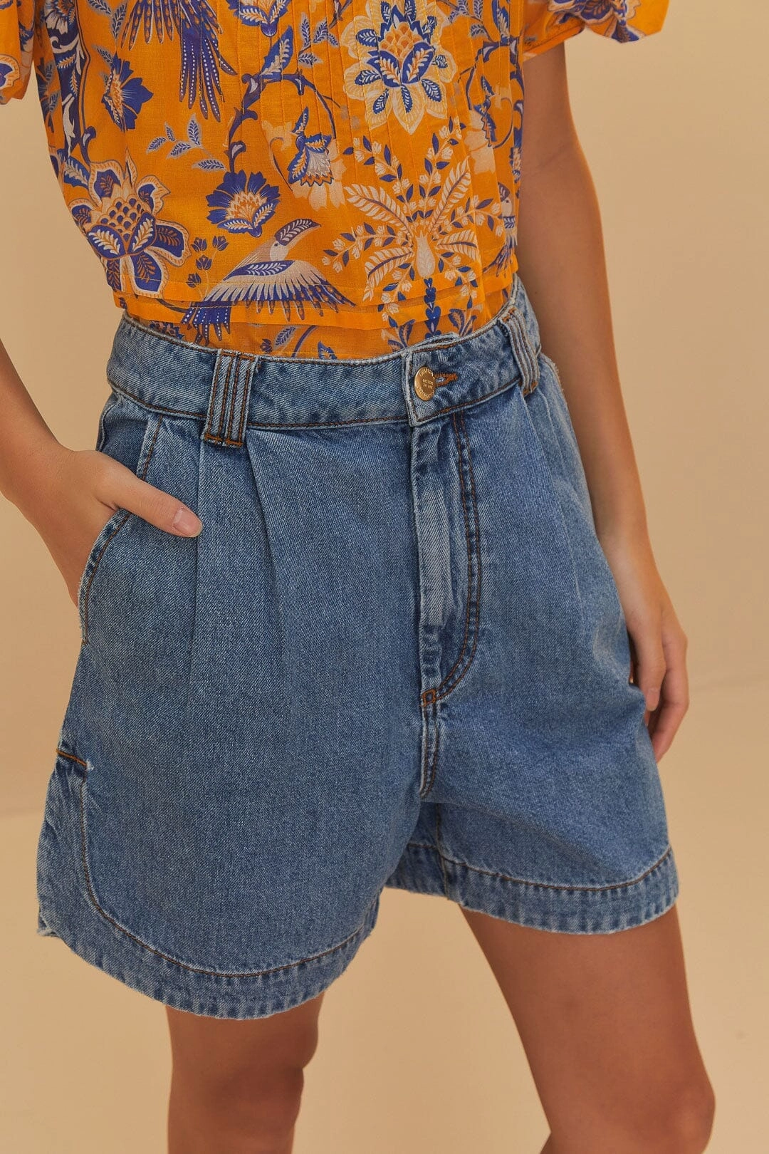 Denim Pleated Shorts Adjustable Fit