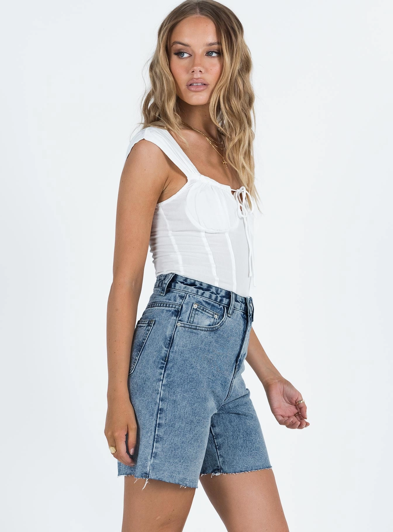 light texture creative industry Lyndsey Longline Denim Shorts
