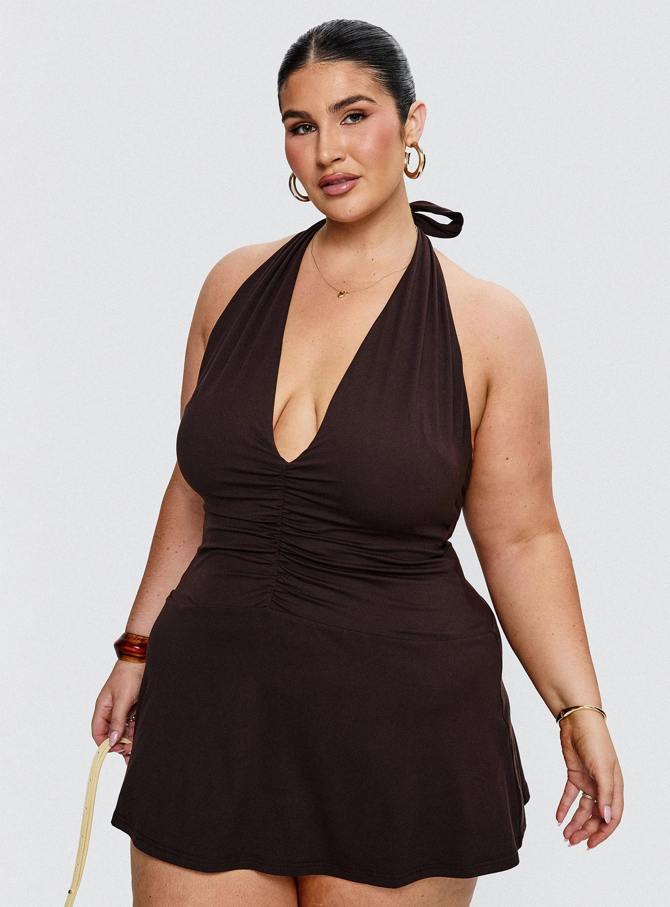 Comfortable Style Rafelle Halter Mini Dress Brown Curve