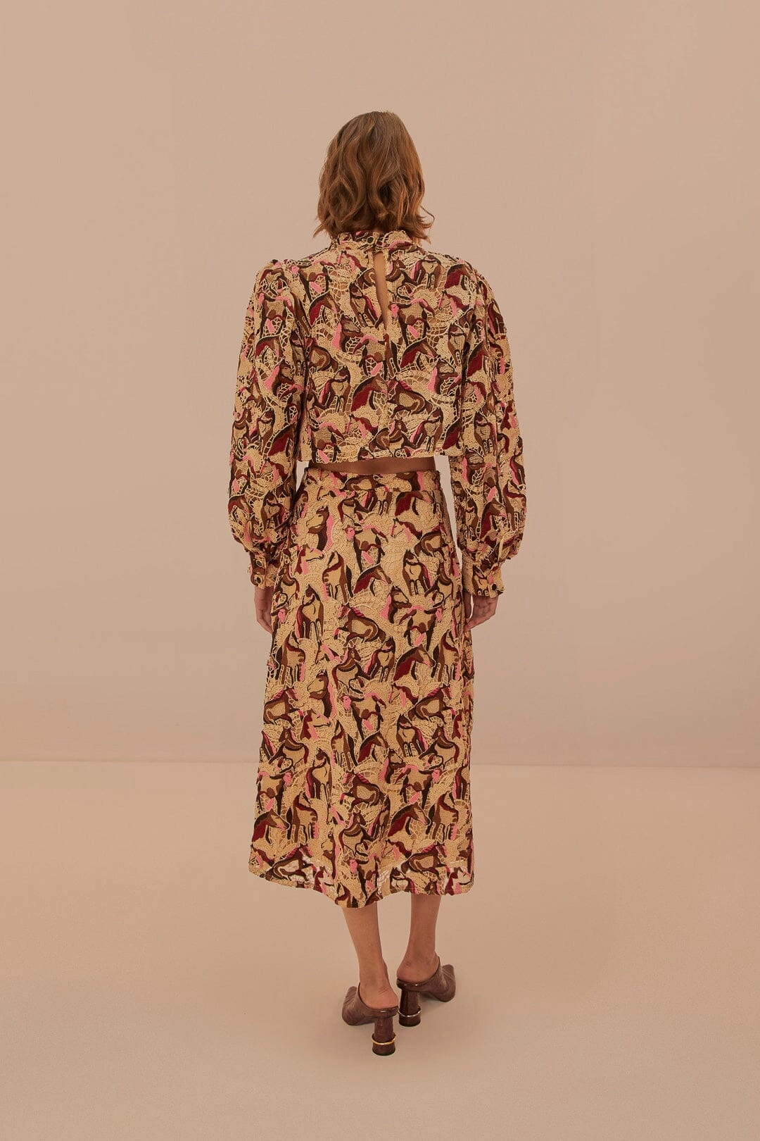 Fashion Combo Cream Horses Guipure Midi Skirt